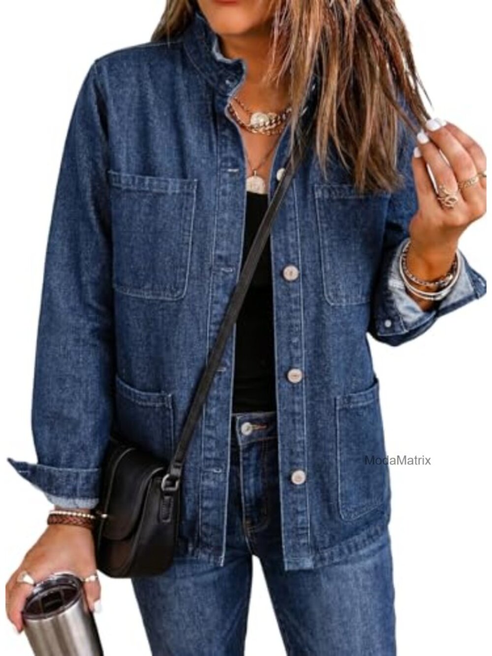 Oversized Cropped Button Down Denim Jacket Ruffle Collar Casual